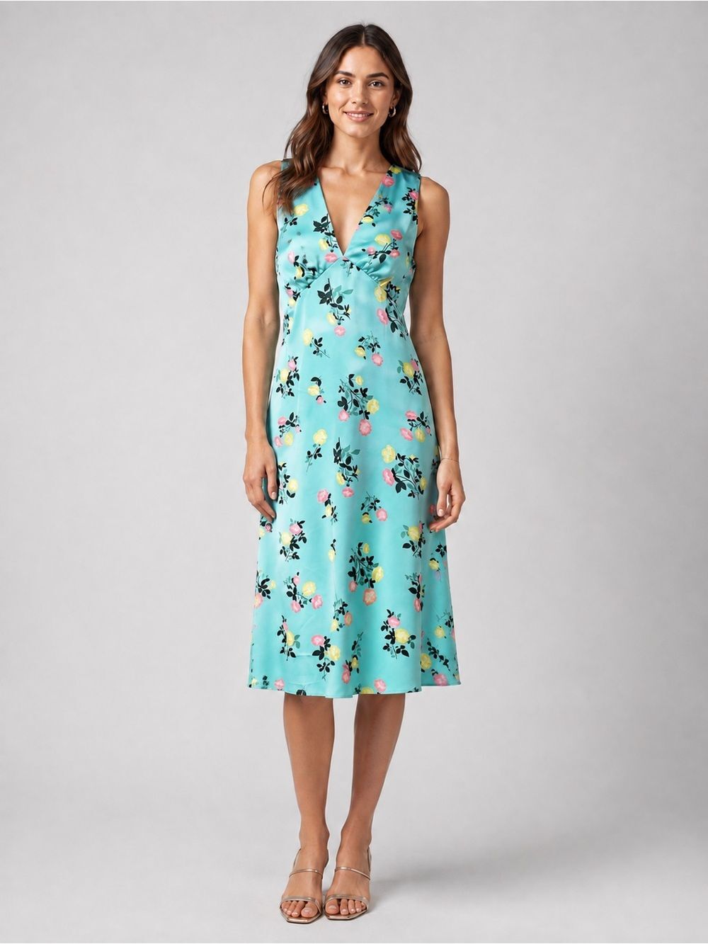 1.STATE Sweet Nothing Floral Satin Midi Dress V Neck Teal Blue Green Size 4 NEW